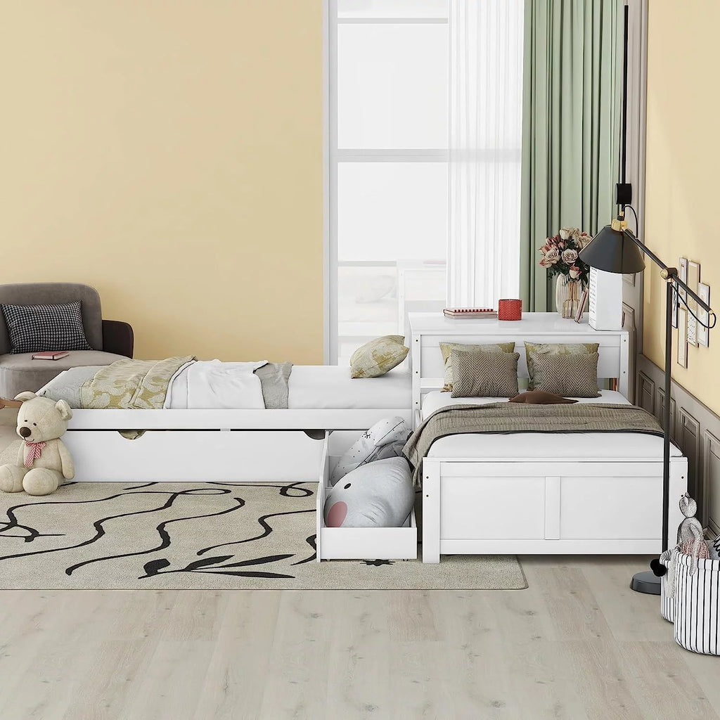 White L Shaped Wood Platform Bed with Trundle and Drawers N35724