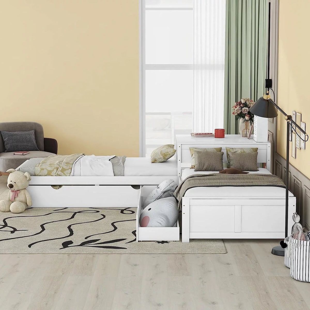White L Shaped Wood Platform Bed with Trundle and Drawers N35724