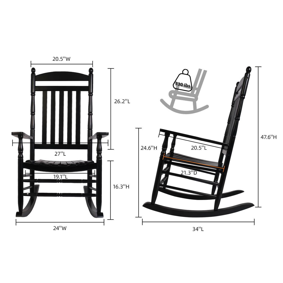 Set of 2 Oversized Black Wood Outdoor Rocking Chairs U4085