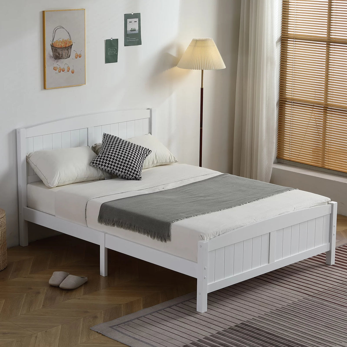White Full Size Wood Platform Bed with Headboard and Footboard U382
