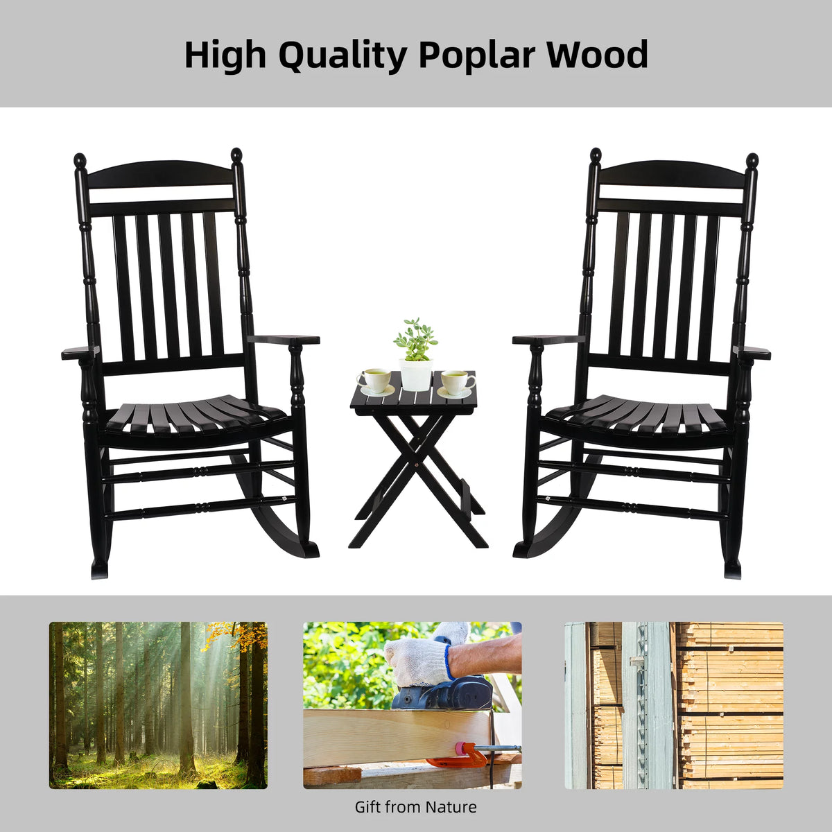 Set of 2 Oversized Black Wood Outdoor Rocking Chairs U4085