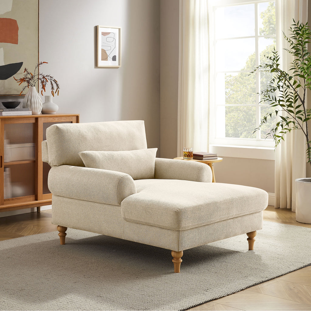 Beige White Linen Fabric Indoor Chaise Lounge Chair O989
