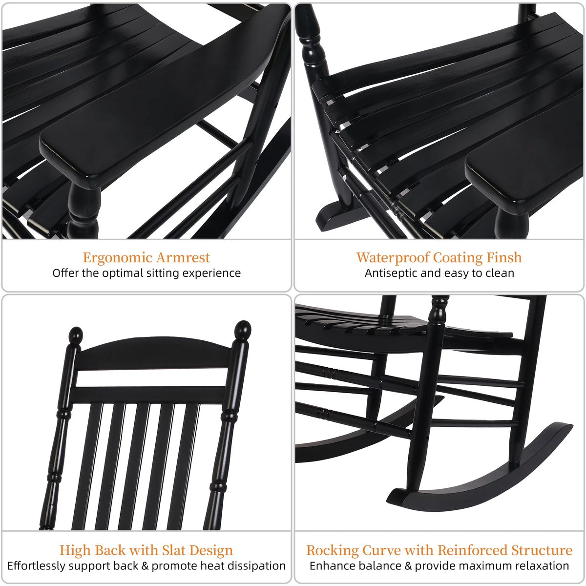 Set of 2 Oversized Black Wood Outdoor Rocking Chairs U4085