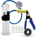 Penis Pump with Brass Handle, Blue Silicone Grips and Hose, Gauge, TPR Seal, 4 Constriction Rings, 12" x 2.75" Vibrating Cylinder D115