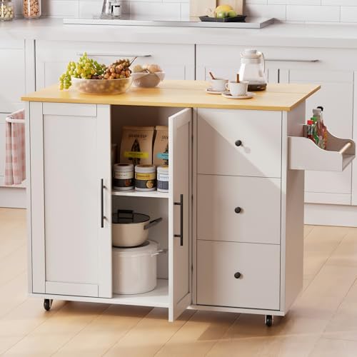 White Rolling Kitchen Island with Storage and 3 Drawers E9206