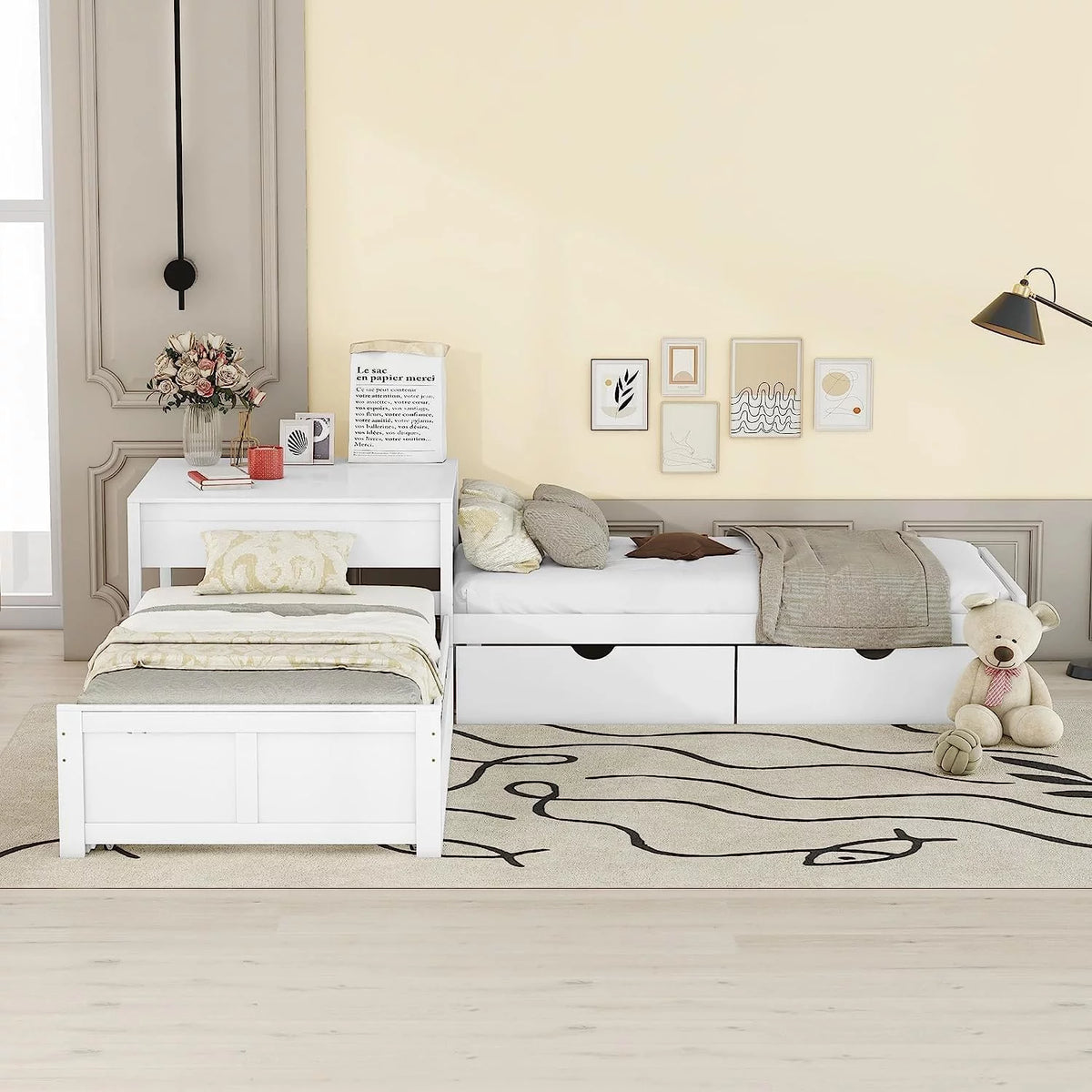 White L Shaped Wood Platform Bed with Trundle and Drawers N35724