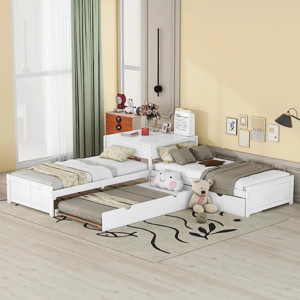 White L Shaped Wood Platform Bed with Trundle and Drawers N35724