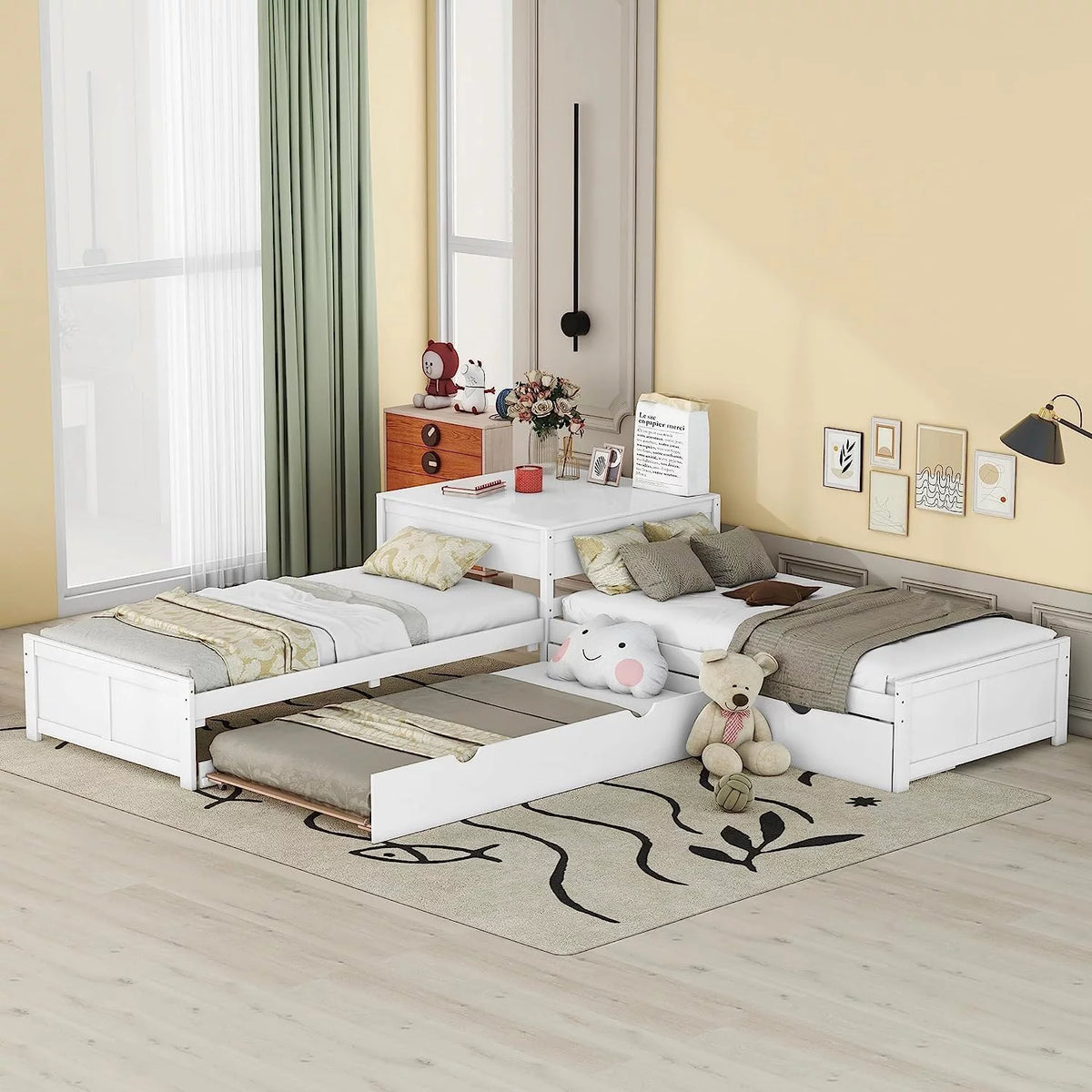 White L Shaped Wood Platform Bed with Trundle and Drawers N35724