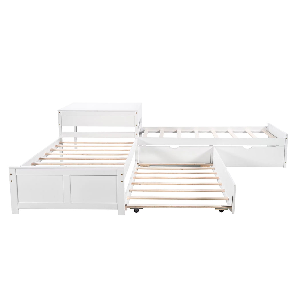 White L Shaped Wood Platform Bed with Trundle and Drawers N35724
