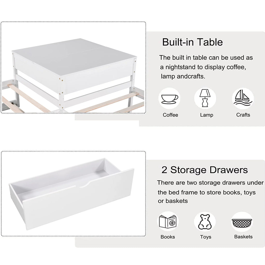 White L Shaped Wood Platform Bed with Trundle and Drawers N35724