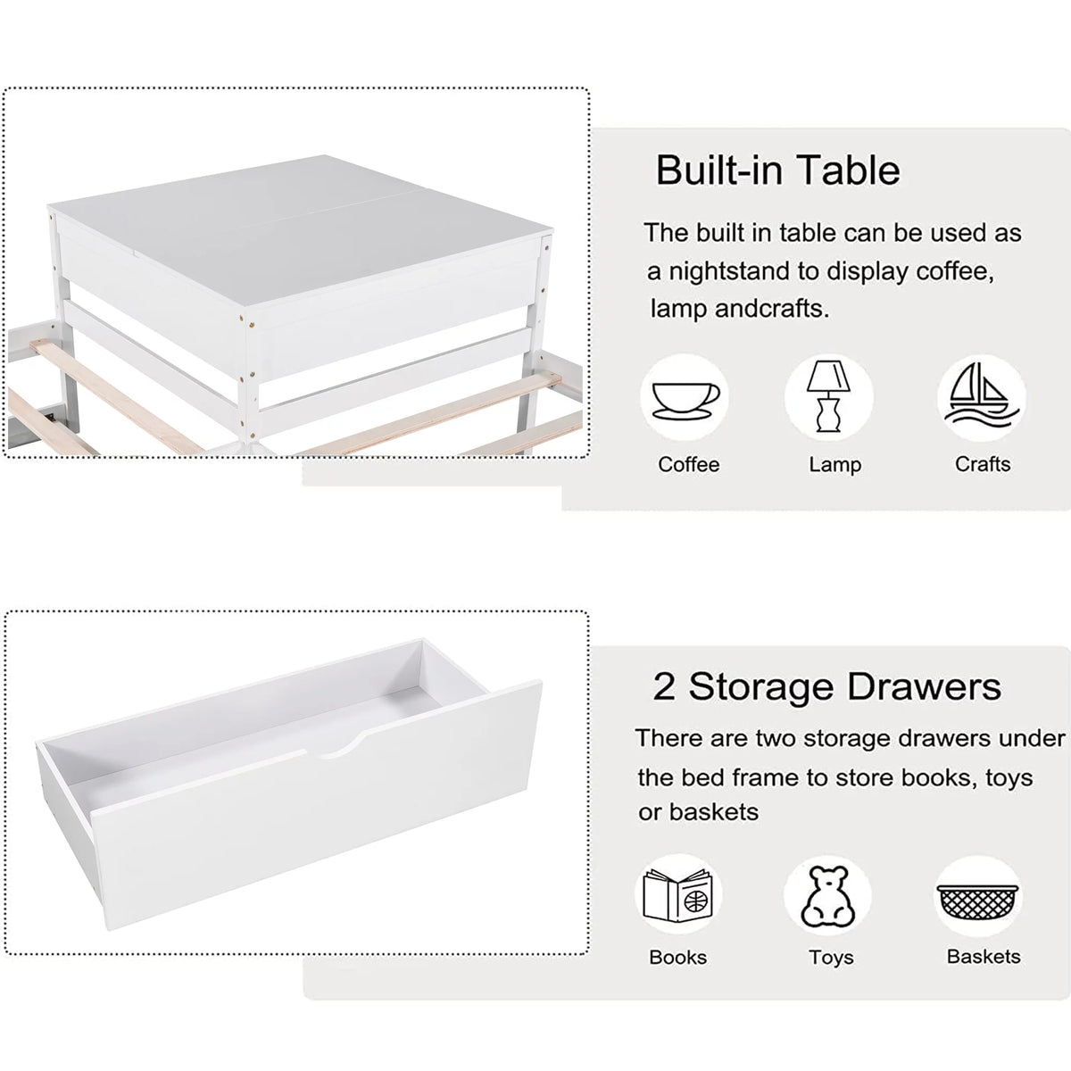 White L Shaped Wood Platform Bed with Trundle and Drawers N35724