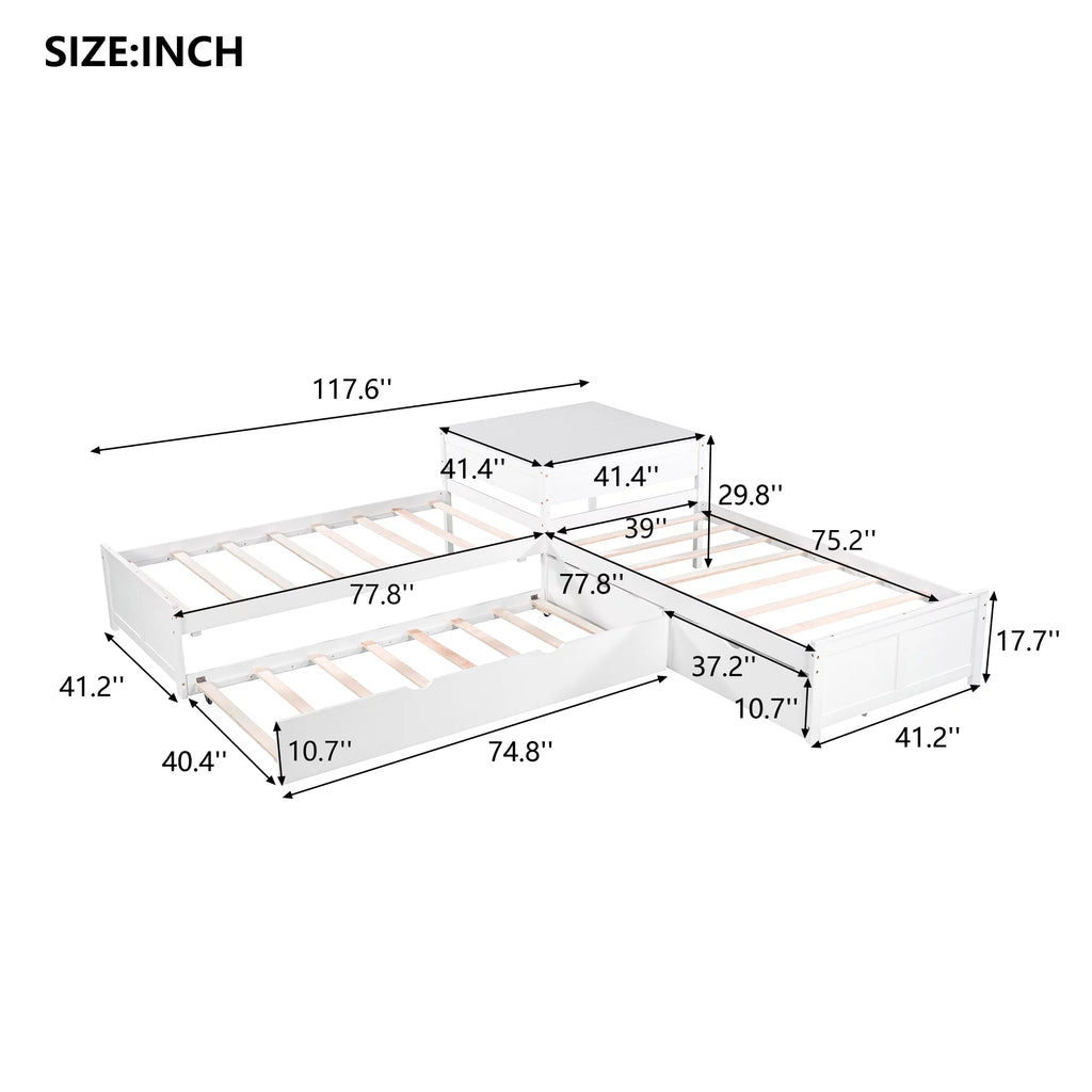White L Shaped Wood Platform Bed with Trundle and Drawers N35724
