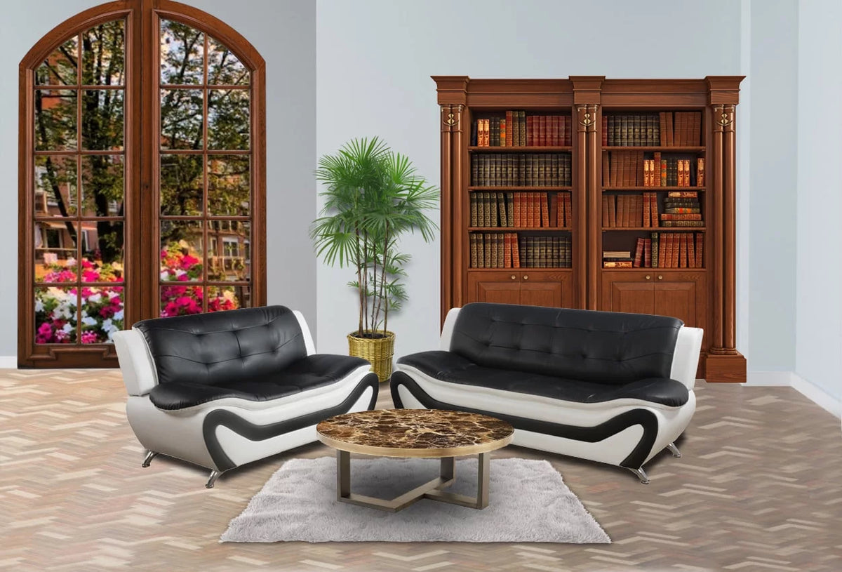 Black & White 2 Piece Faux Leather Sofa Loveseat Set L71111